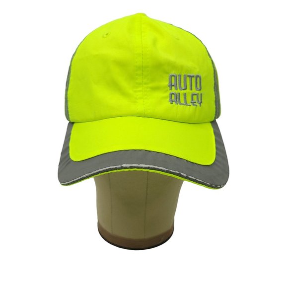 Auto Alley Neon Green Yellow Gray Trim Strapback Cap Trucker Reflective Hat - Picture 8 of 14